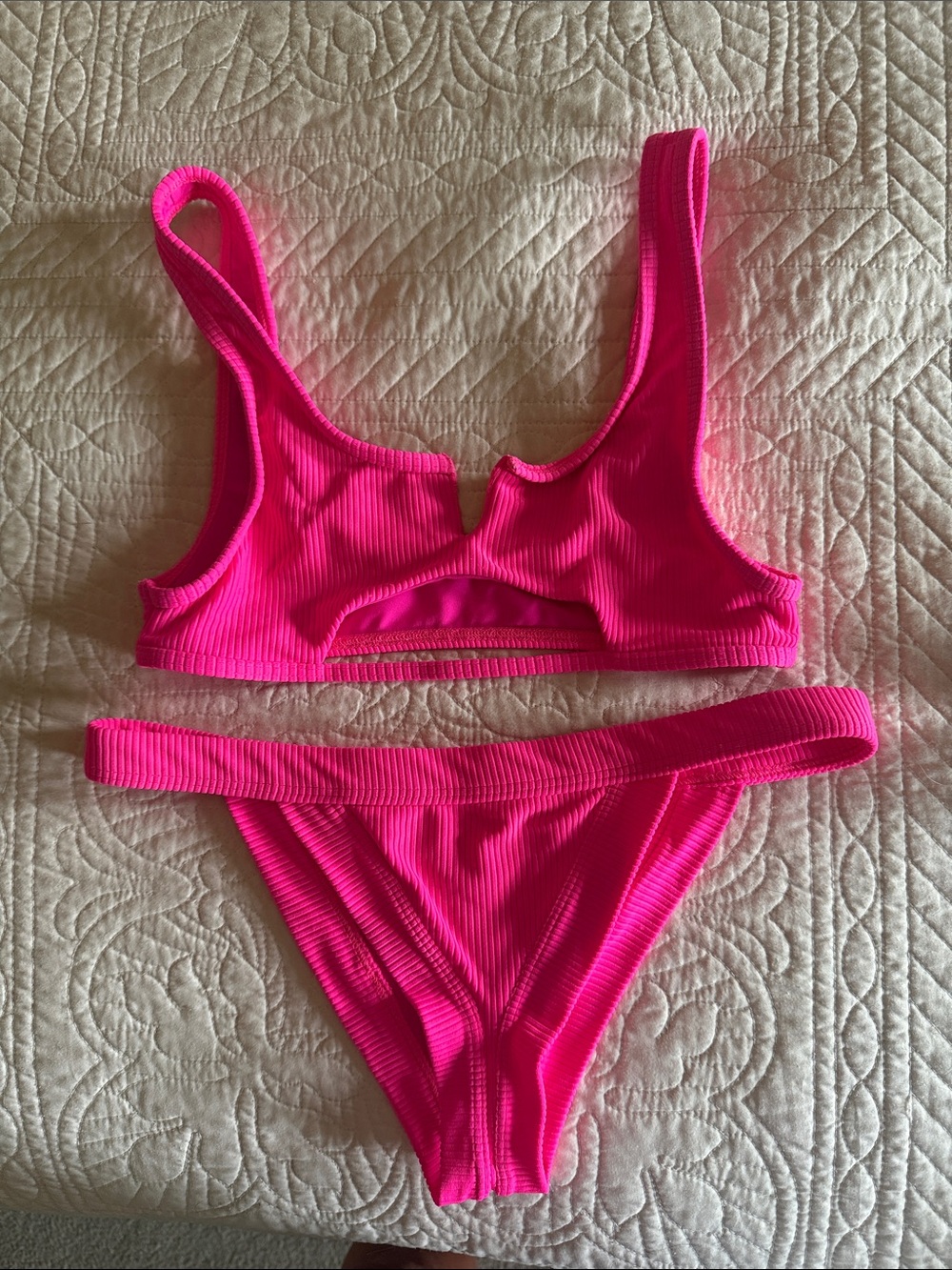 Frankie’s Hot Pink Ribbed Bikini Set - Bottoms L and top M.